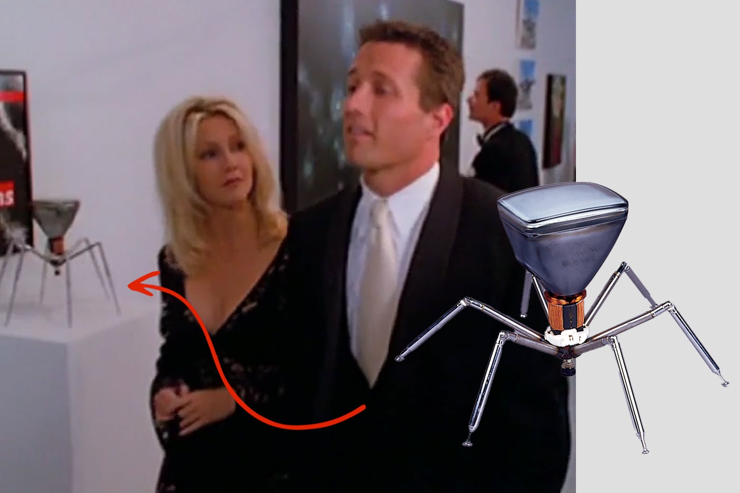 Two Melrose Place characters walk through an art gallery. Behind them, a large sculpture of a virus made from a cathode-ray tube.