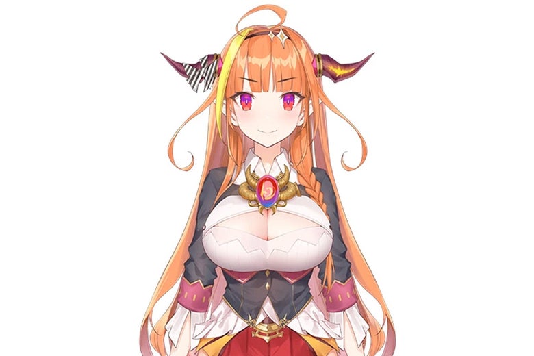 A female anime avatar with very large breasts, long red hair, and dragon horns