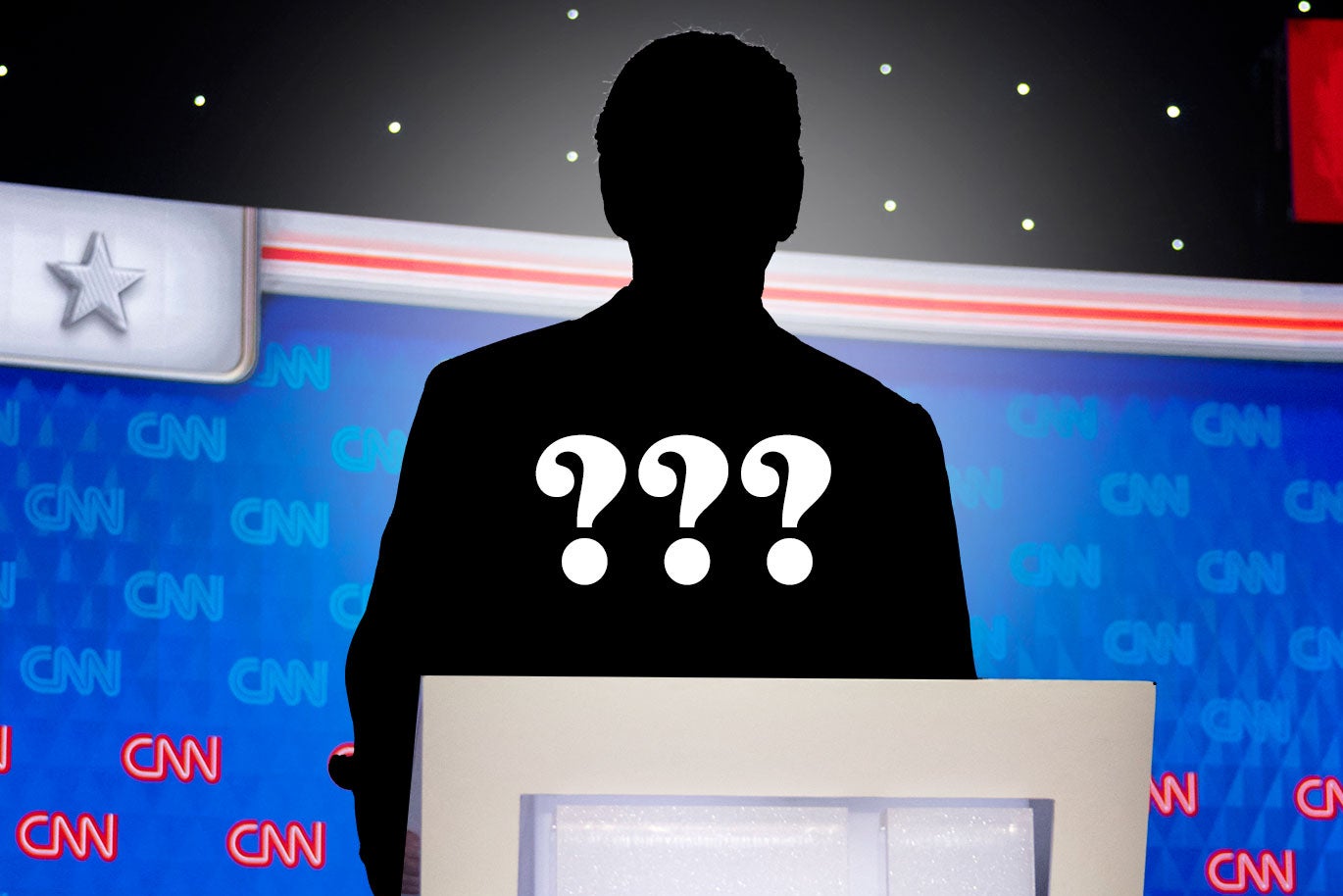 Biden's silhouette on the CNN debate stage with three question marks inside it.