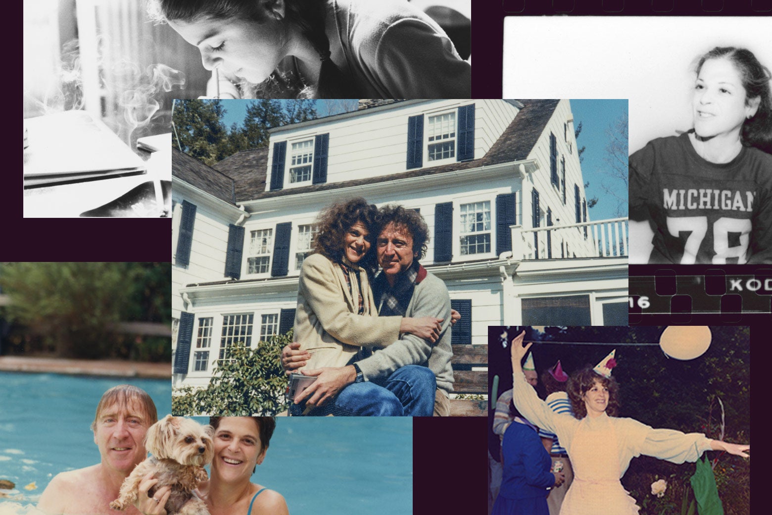 Collage of photos from Gilda Radner's life, including two with her husband Gene Wilder.