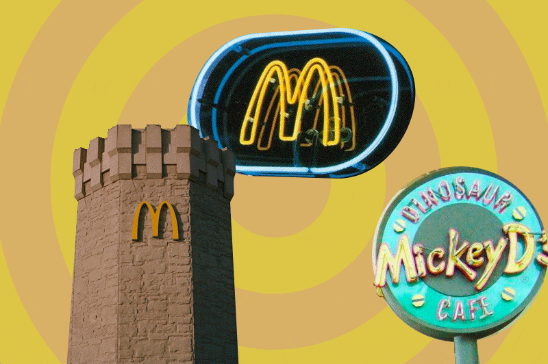 Collage of a neon McDonald's sign, a medieval McDonald's tower, and a midcentury Dinosaur Mickey D's Cafe sign over an animated swirl