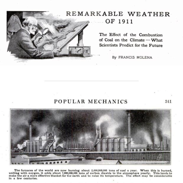 Header at top reads "Remarkable Weather of 1911." Below is an illustration of a factory spewing pollution into the air.