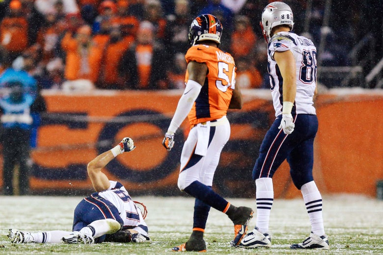 Rob Gronkowski lying on the field after an injury.