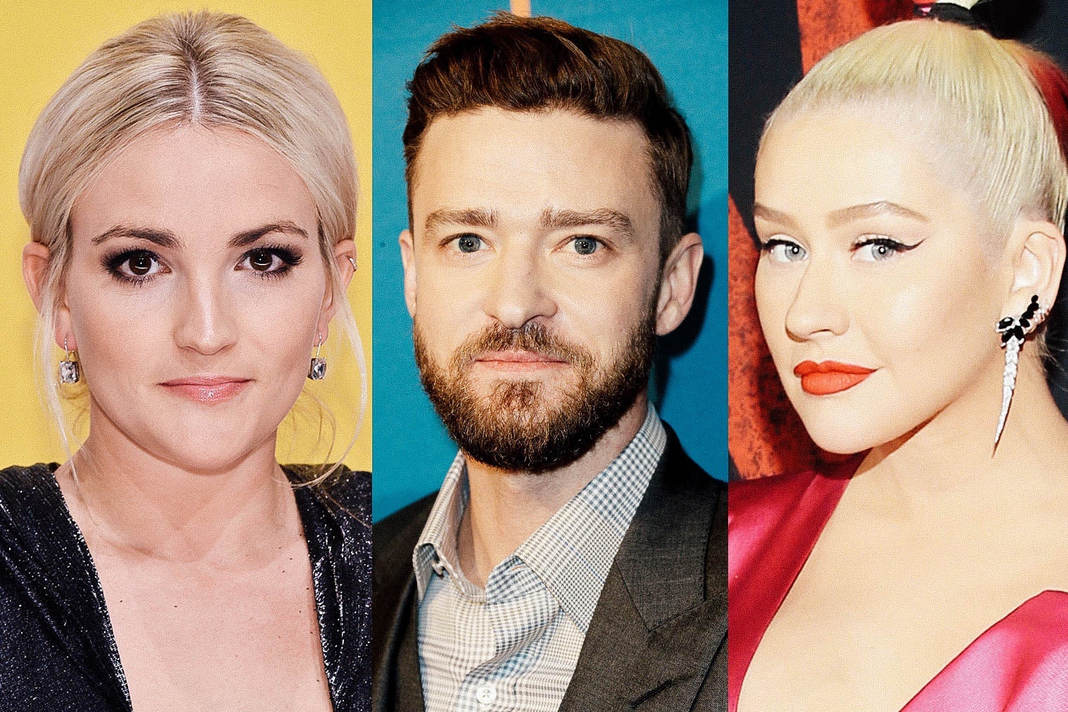 Side by side photos of Jamie Lynn Spears, Justin Timberlake, and Christina Aguilera