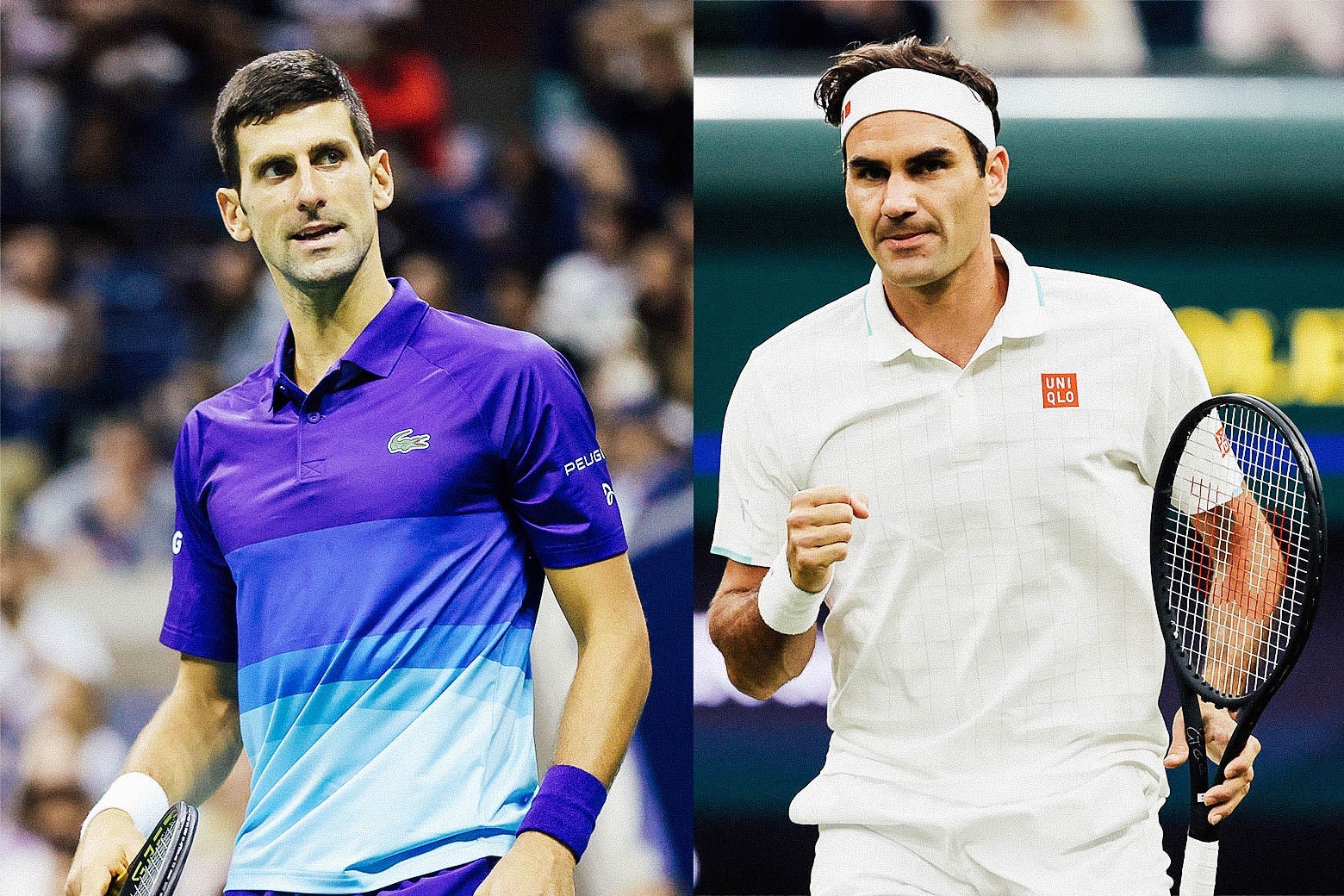 Side by side photos of Djokovic on the court looking to his left and Federer on the court holding his racket and fist-pumping