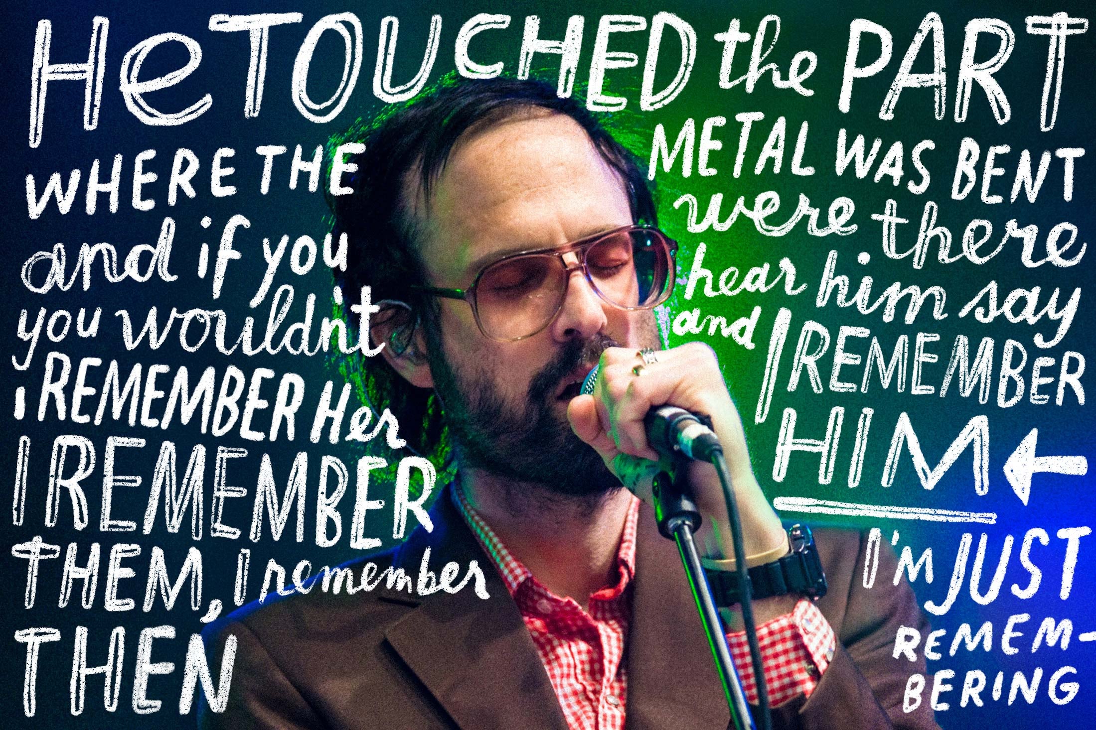 David Berman surrounded by some of his lyrics