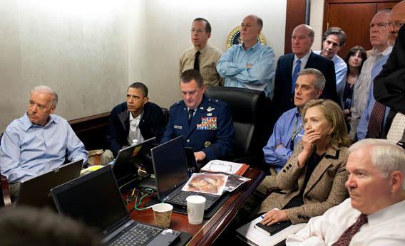President Obama, Joe Biden, Hillary Clinton and members of the national security team receive an update on the mission against Osama bin Laden.