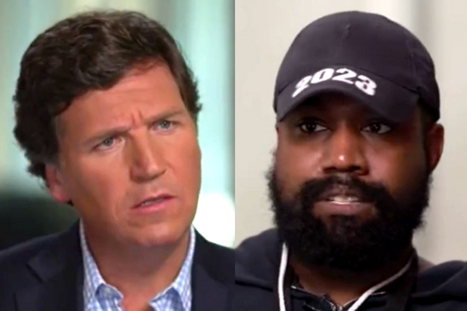 A side-by-side of Tucker Carlson and Ye (Kanye West) during an interview on October 6, 2022.