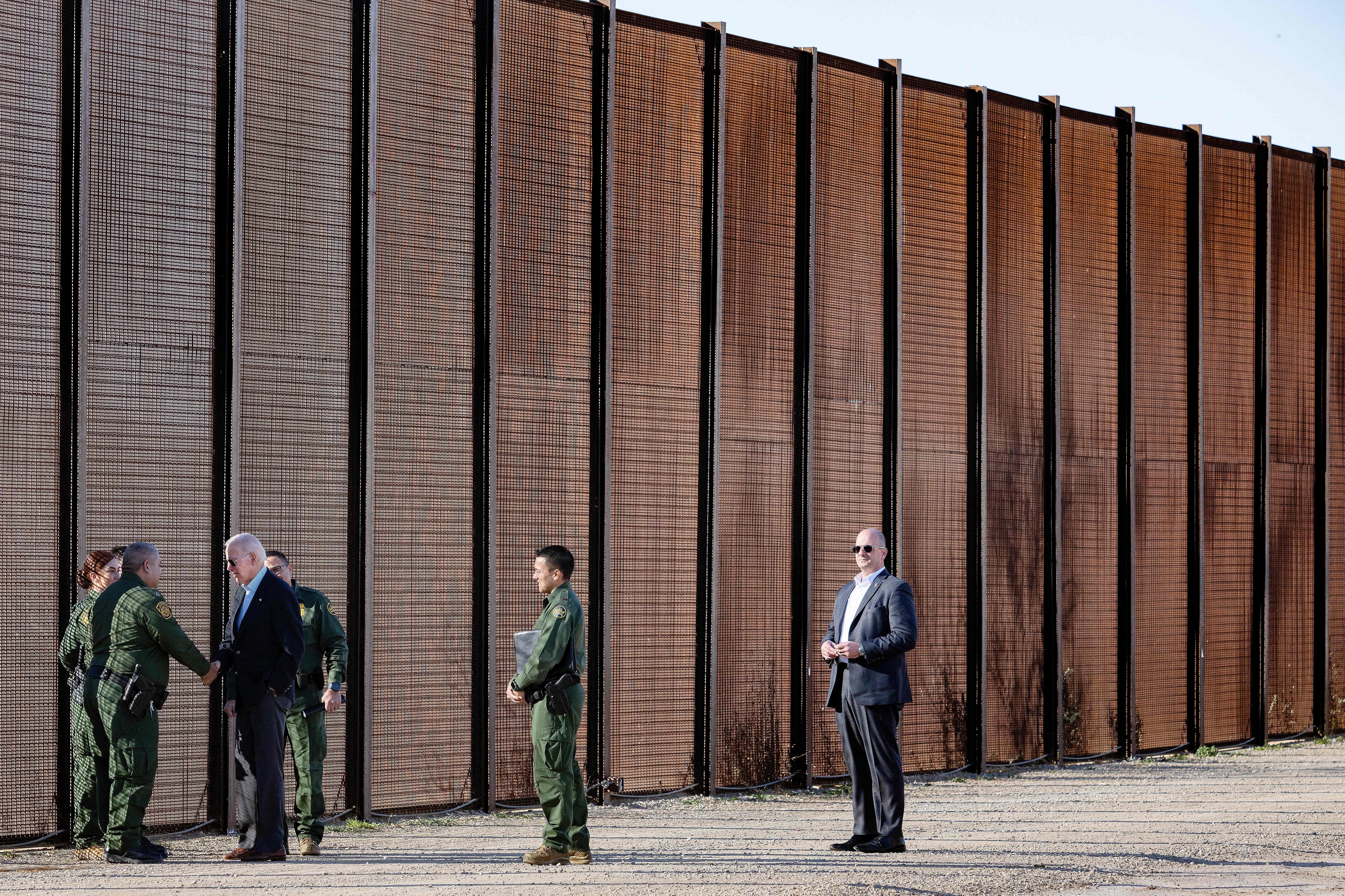 President Joe Biden stands and speaks with Customs and Border Protection officers at the US-Mexico border in El Paso, Texas.