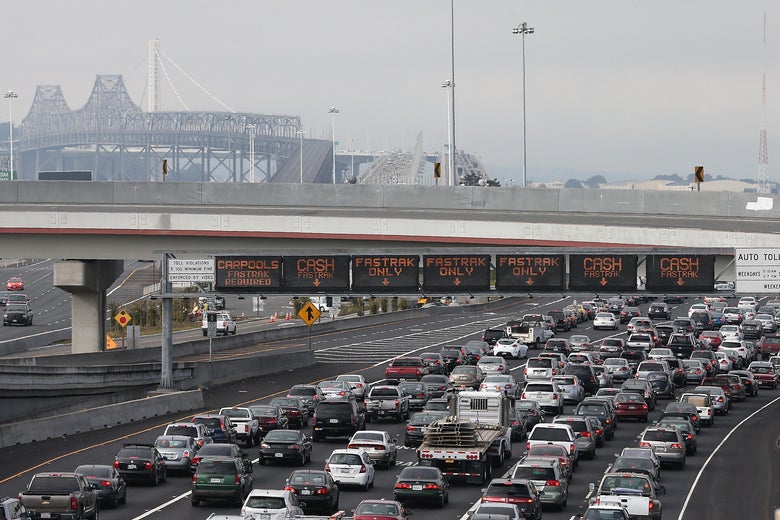 OAKLAND, CA - OCTOBER 21:  Traffic backs up on Interstate 80 at the San Francisco-Oakland Bay Bridge as the Bay Area Rapid Transit (BART) strike snarls the morning commute on October 21, 2013 in Oakland, California.  BART workers continue to strike after contract negotiations between BART management and the transit agency's two largest unions fell apart last week. Management and unions agreed on the financial specifics of the contract but differed on workplace safety rules. An estimated 400,000 commuters ride BART each day.  (Photo by Justin Sullivan/Getty Images)