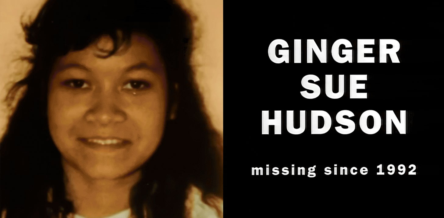 A picture of Ginger Sue Hudson, a still from the Soul Asylum video, along with the text "Missing Since 1992."