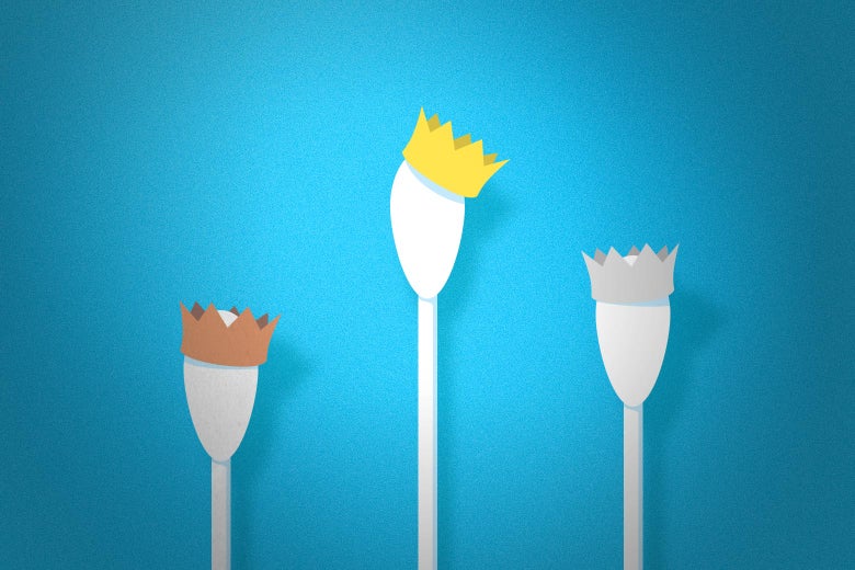 Three cartoon nasal swabs, one wearing a bronze crown, one a silver crown, and one a gold crown.