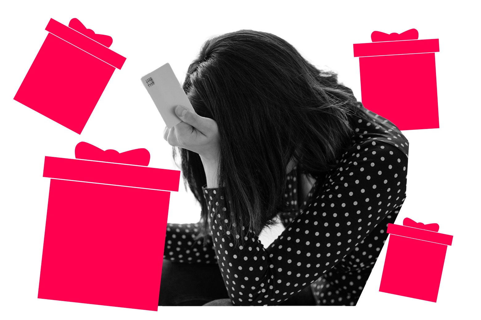 A woman looking down, holding a credit card to her head, surrounded by graphics of gift boxes.