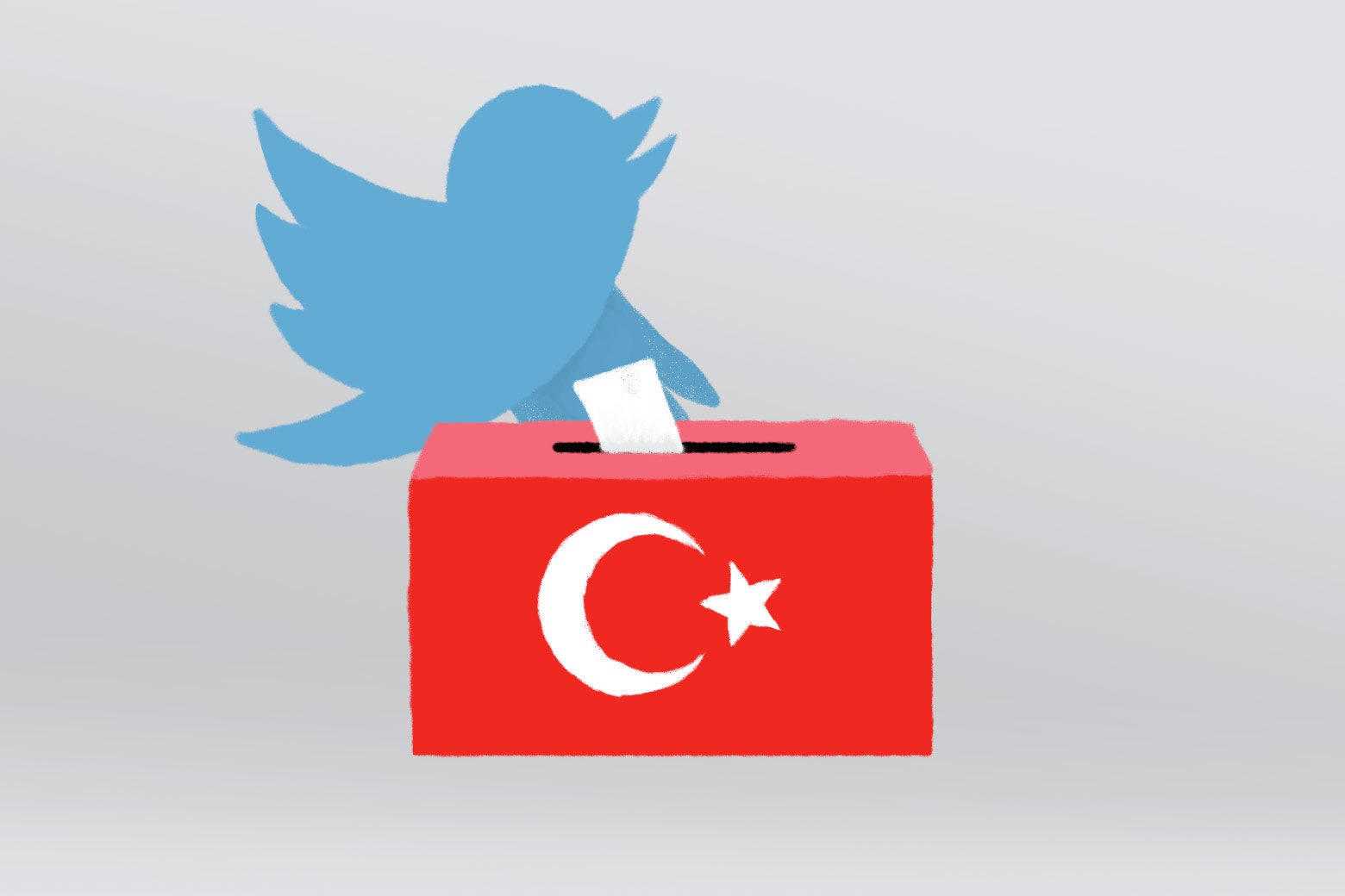 The blue Twitter bird drops a voting ballot into a red ballot box with the Turkish flag on it. 