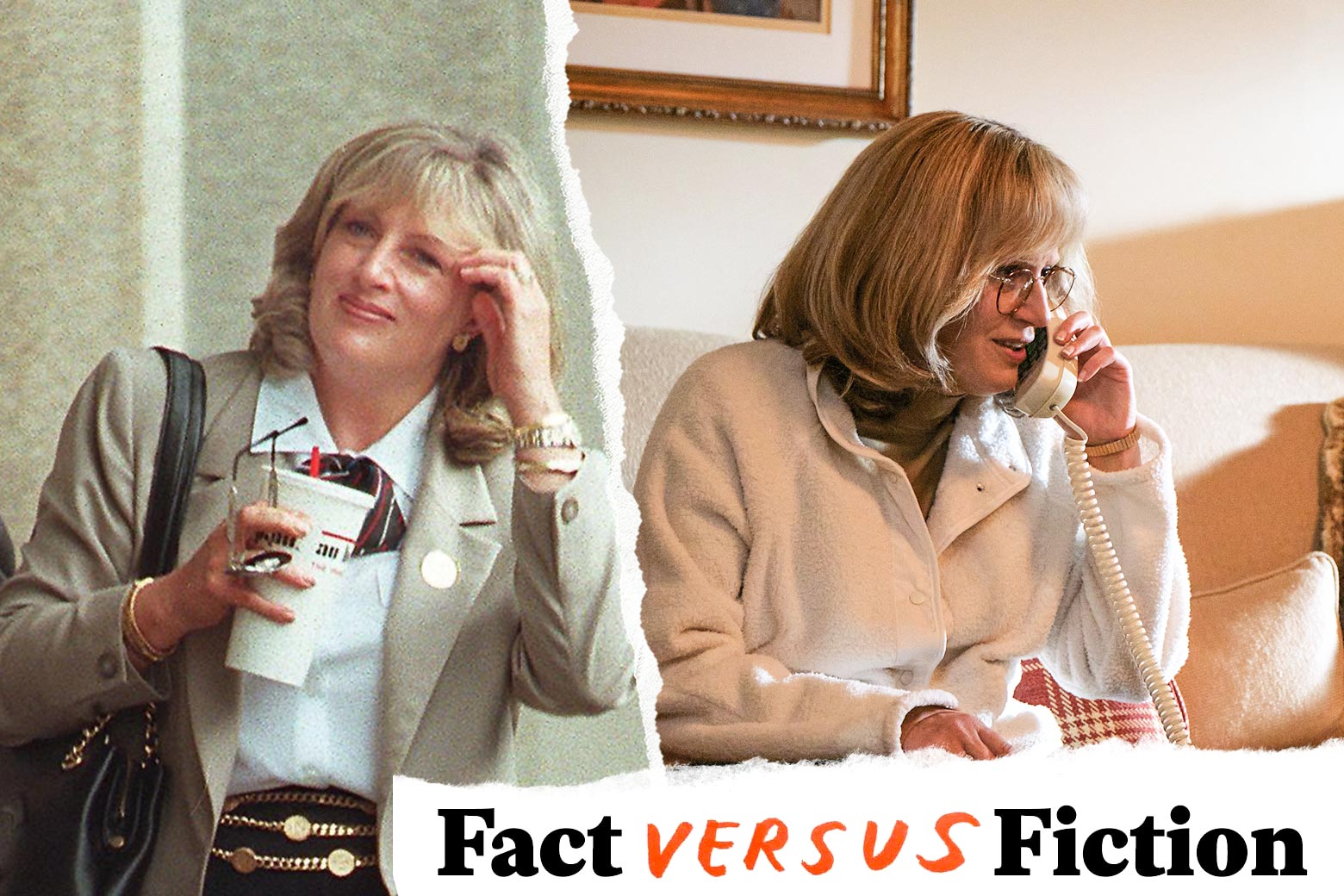 Linda Tripp holding a fast food soda and sunglasses, and Sarah Paulson as Tripp, talking on the phone.