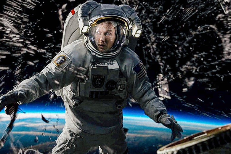An astronaut in space with debris around him and the Earth in the background.