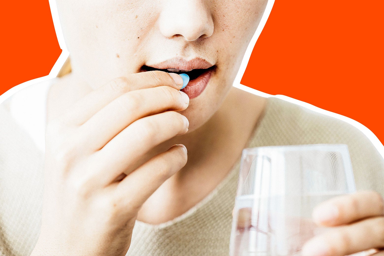 Photo illustration: a stock image of a woman taking a pill against an orange background.