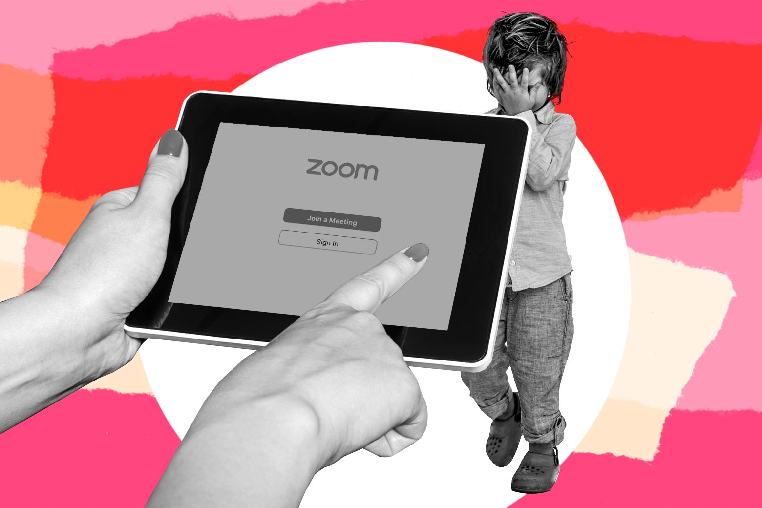 Woman clicking on a tablet with a zoom sign in page in front of a three year old boy covering his face. 