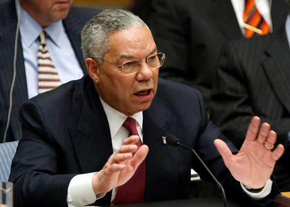 U.S. Secretary of State Colin Powell delivers his address to the UN Security Council February 5, 2003 in New York City. Powell is making a presentation attempting to convince the world that Iraq is deliberately hiding weapons of mass destruction.