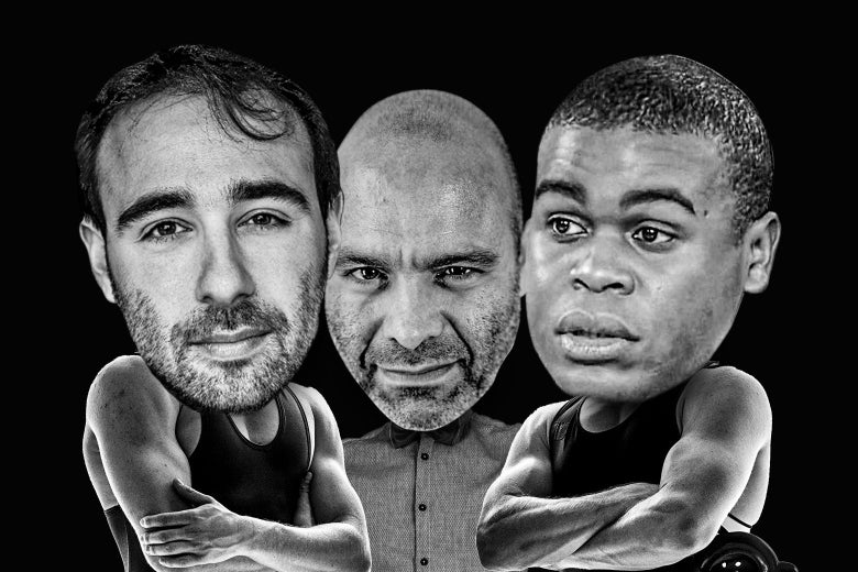De gauche à droite: Yascha Mounk, Mike Pesca et Osita Nwanevu, la tête photographiée sur des personnes musclées qui semblent prêtes à se battre, et pour Pesca, sur un arbitre.