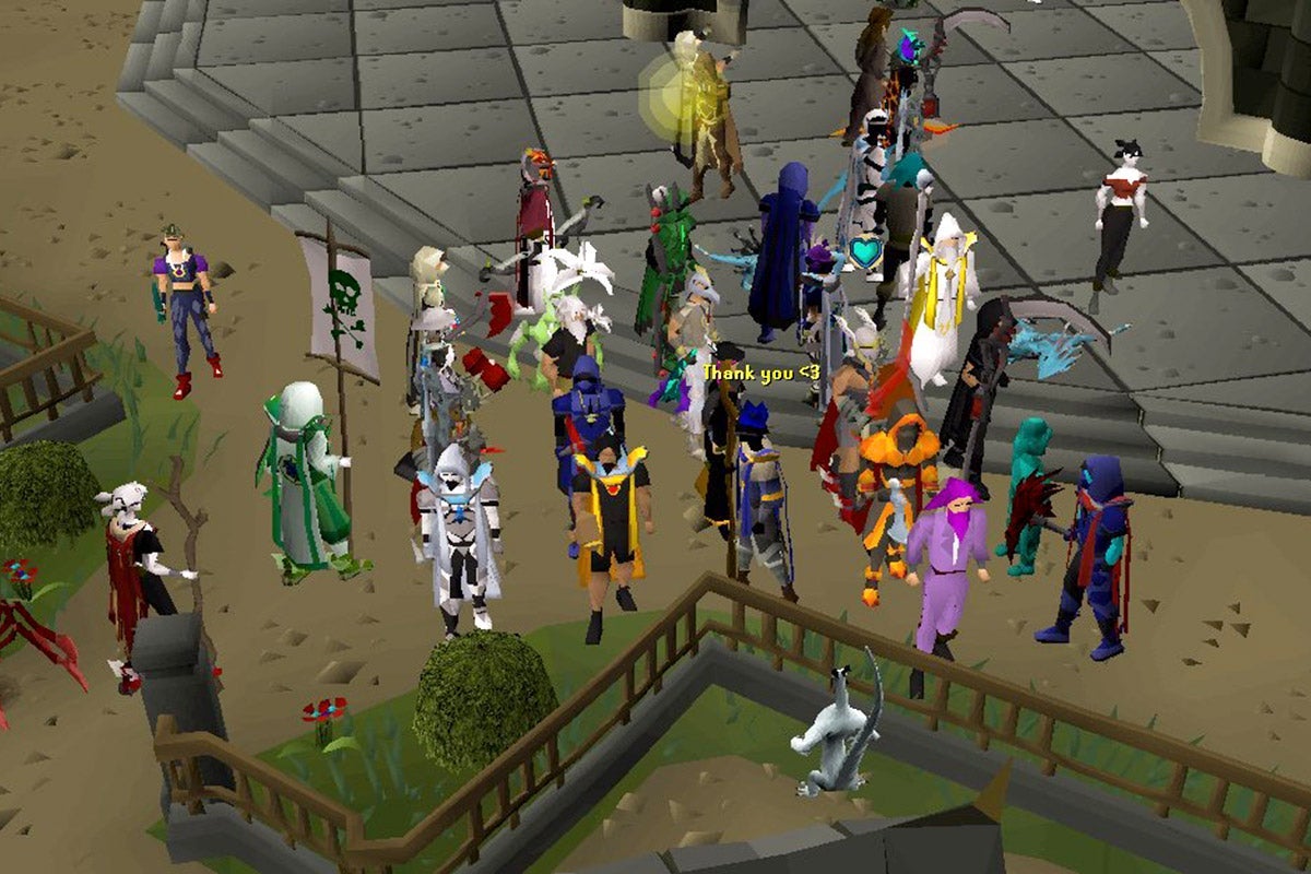 A large group of avatars in various bold colors in Old School RuneScape.