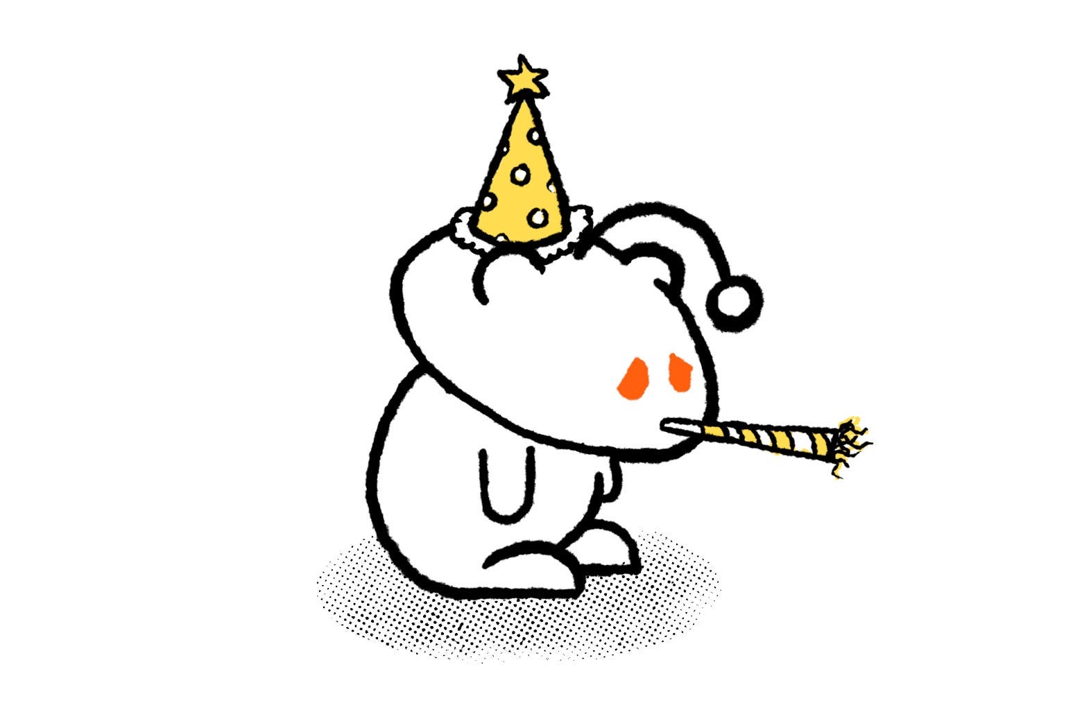 A drooping Reddit snoo wearing a party hat and blowing a party horn.