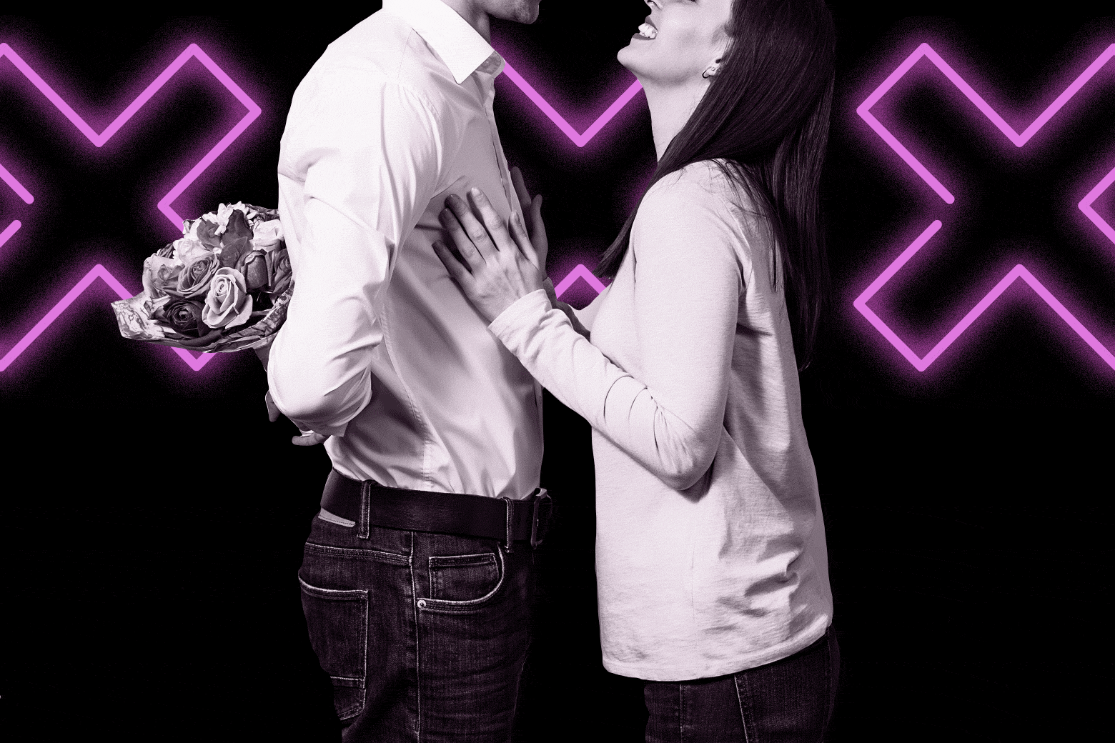 A man holds a bouquet of flowers behind his back while a woman looks up at him, resting her hands on his chest. XXX neon lights are in the background.