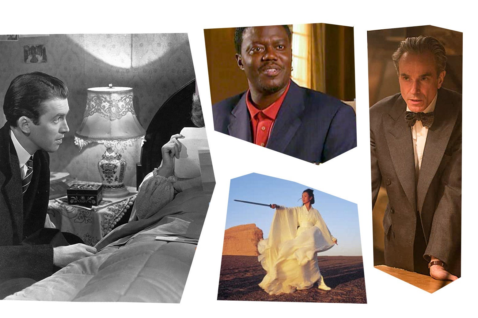 Stills from each of the movies in a mosaic art style: Jimmy Stewart sits at the bedside of Margaret Sullavan; Bernie Mac looks at the camera; Daniel Day-Lewis wears a suit with a bowtie and stands by a wooden table; Maggie Cheung wearing a flowing white dress stands in the desert holding a sword aloft.