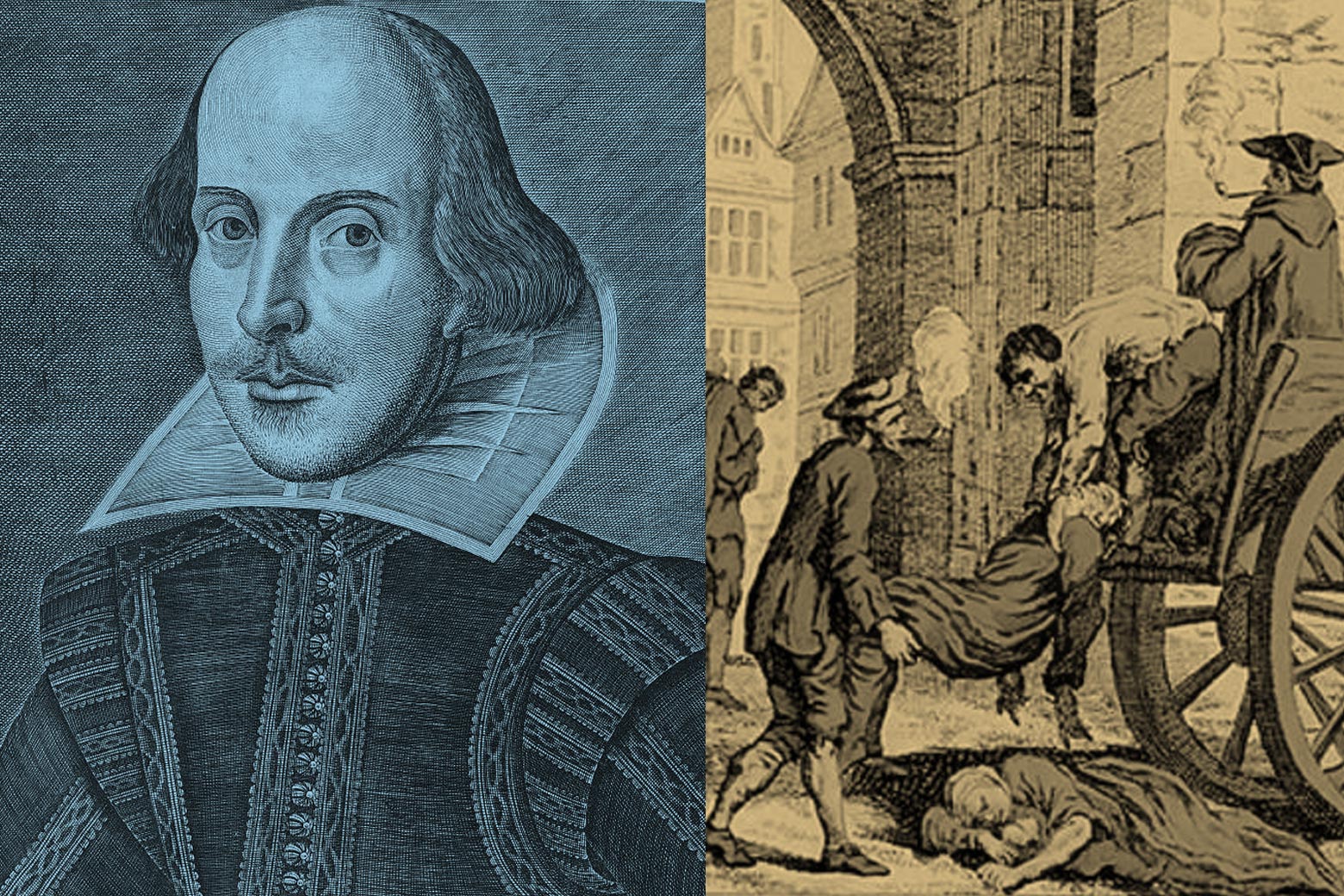 Diptych of a portrait of Shakespeare and an illustration of the plague.
