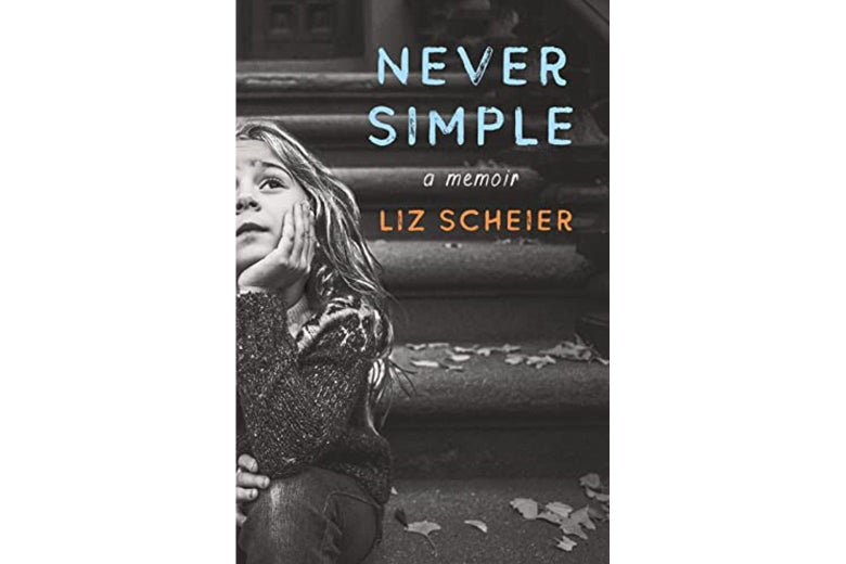 Never Simple book cover featuring a black and white photo of a girl sitting on steps