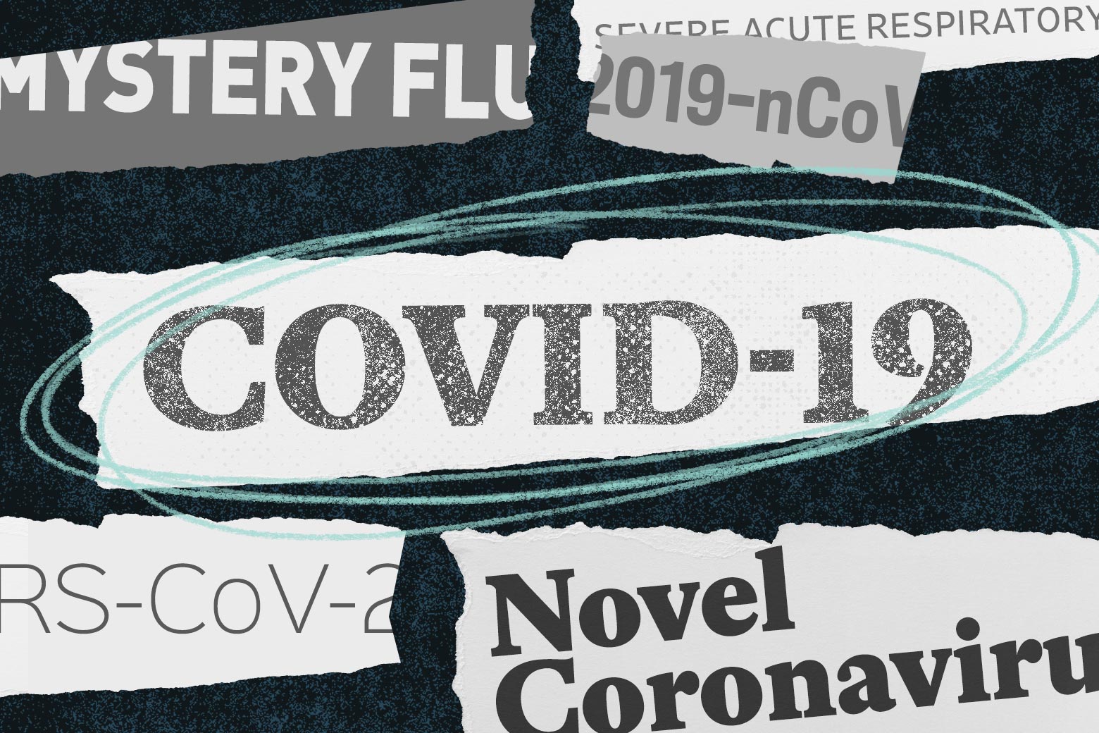 A collage of newspaper headline–style tear-outs of words like "COVID-19" and "coronavirus."