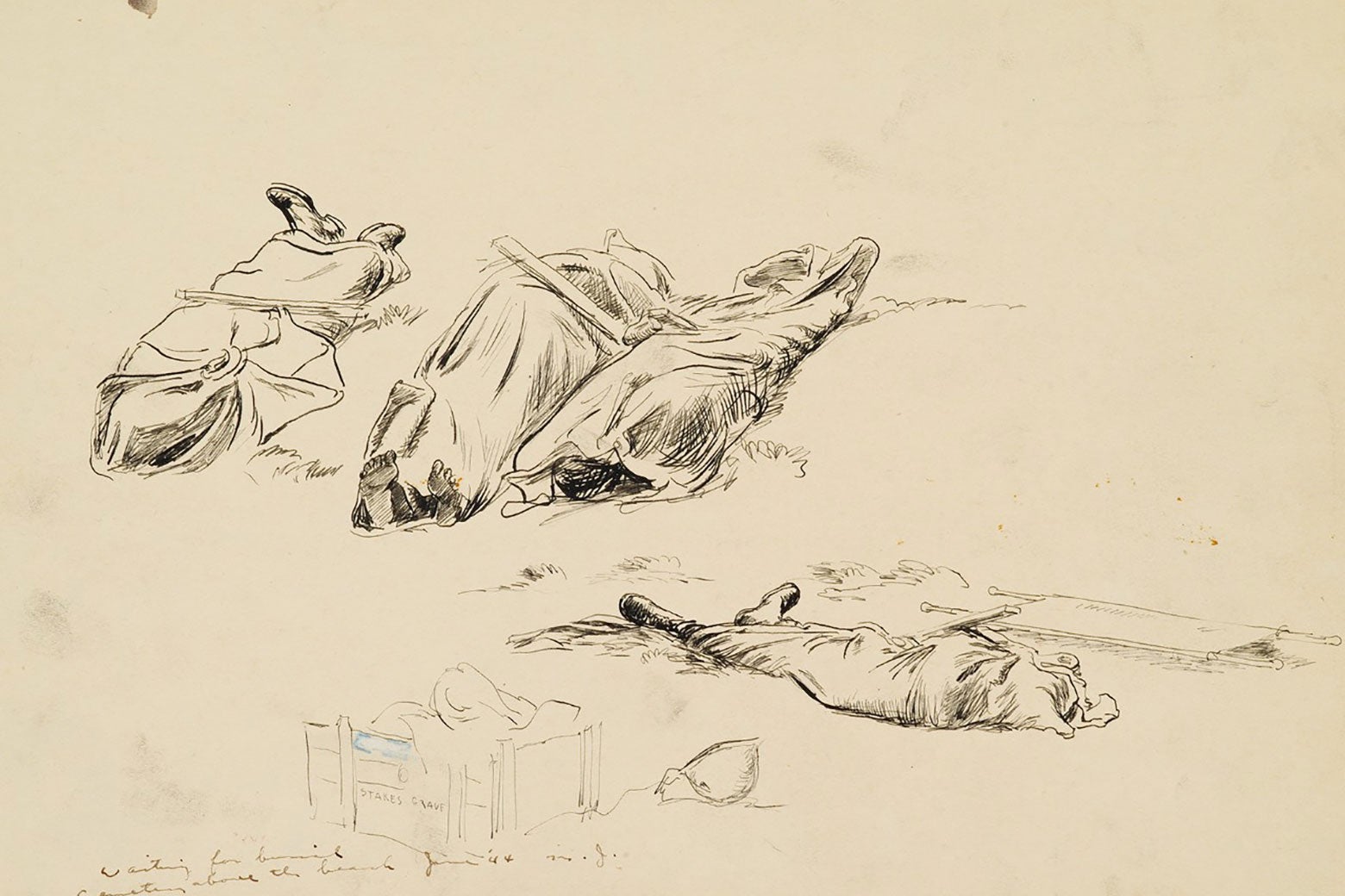 A sketch of stripped bodies under sheets.