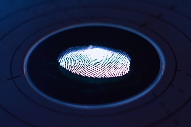 A glowing fingerprint is seen against a dark blue-black screen.