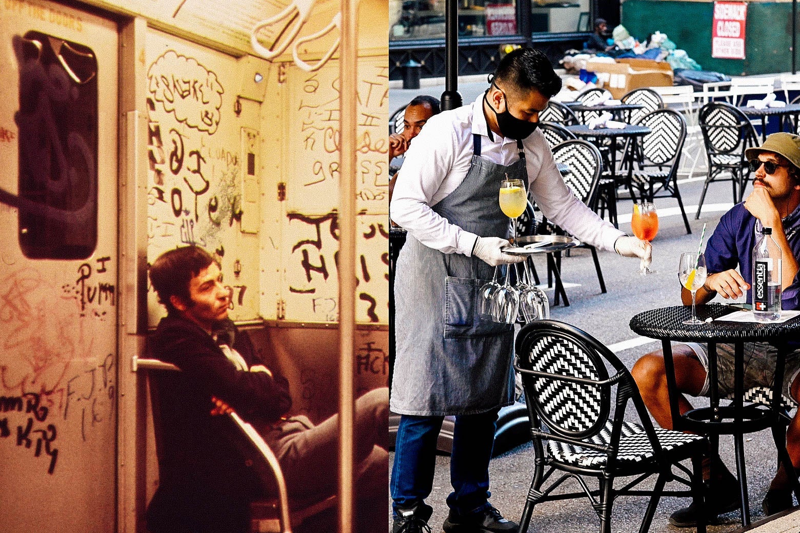 On the left, a graffitied interior of a subway car in New York City in 1973. On the right, pleasant outdoor dining in New York City now. The waiter is masked. Seems nice!