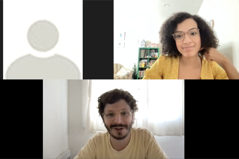 Zoom screenshot of Allegra Frank wearing a yellow blouse in her window, Michael Cera wearing a yellow T-shirt in his window, and a blank avatar in a third window