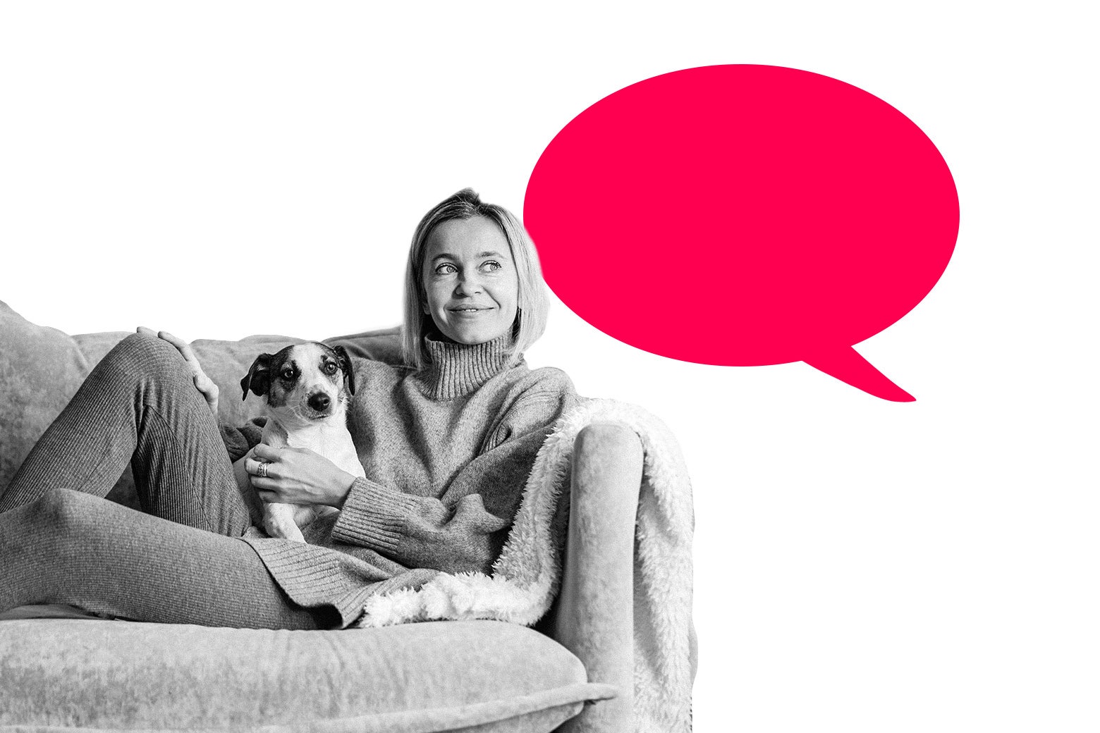 Woman sitting on the couch with her dog.