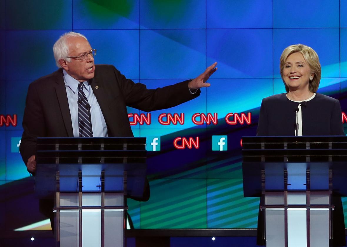Bernie Sanders and Hillary Clinton take part in the Democratic presidential debate on Oct. 13, 2015, in Las Vegas. 