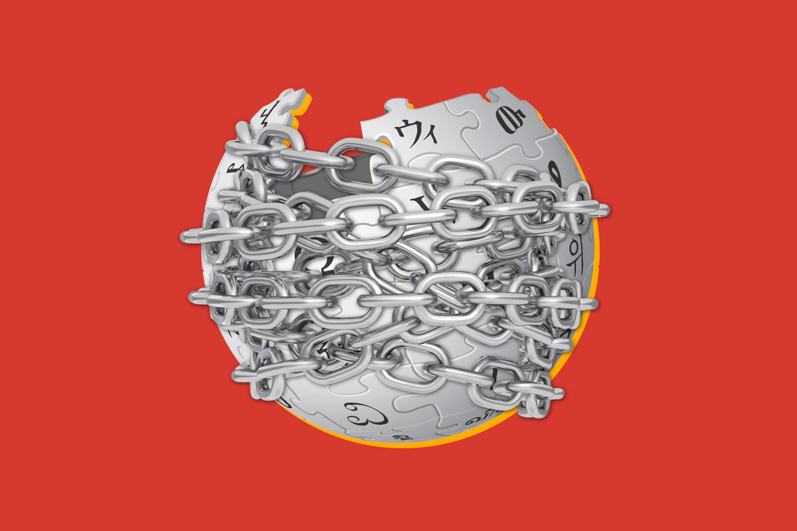 Photo illustration of the Wikipedia puzzle-globe logo wrapped in chains.
