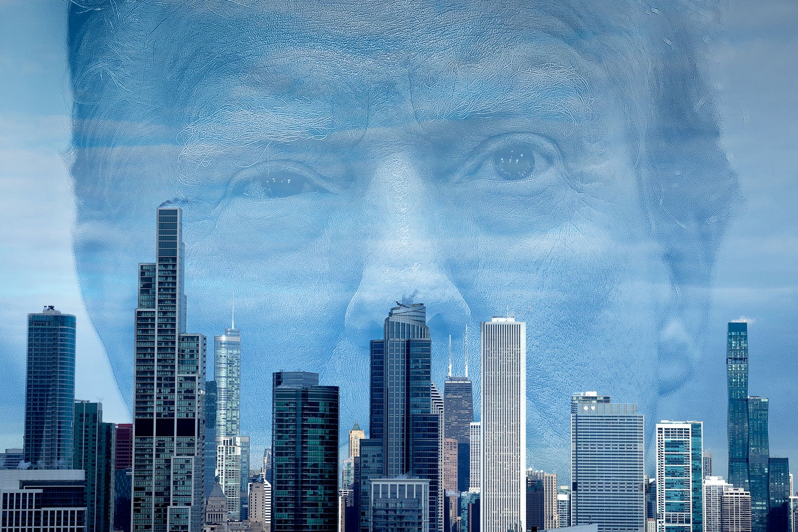 El rostro de Trump se alza enorme sobre el horizonte de Chicago.