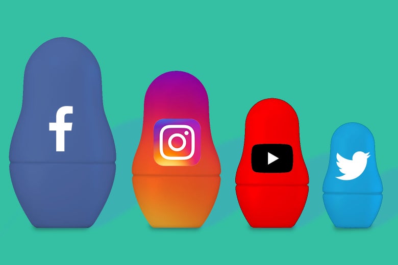Facebook, Instagram, YouTube, and Twitter logos on the Russian nesting dolls