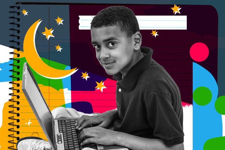 A kid sits at a laptop and smiles. He's surrounded by stars and a crescent moon.