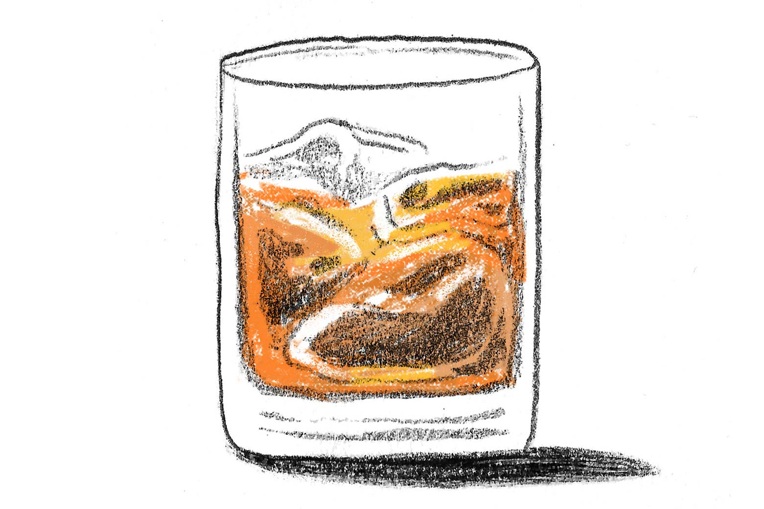 A glass of whiskey on the rocks.