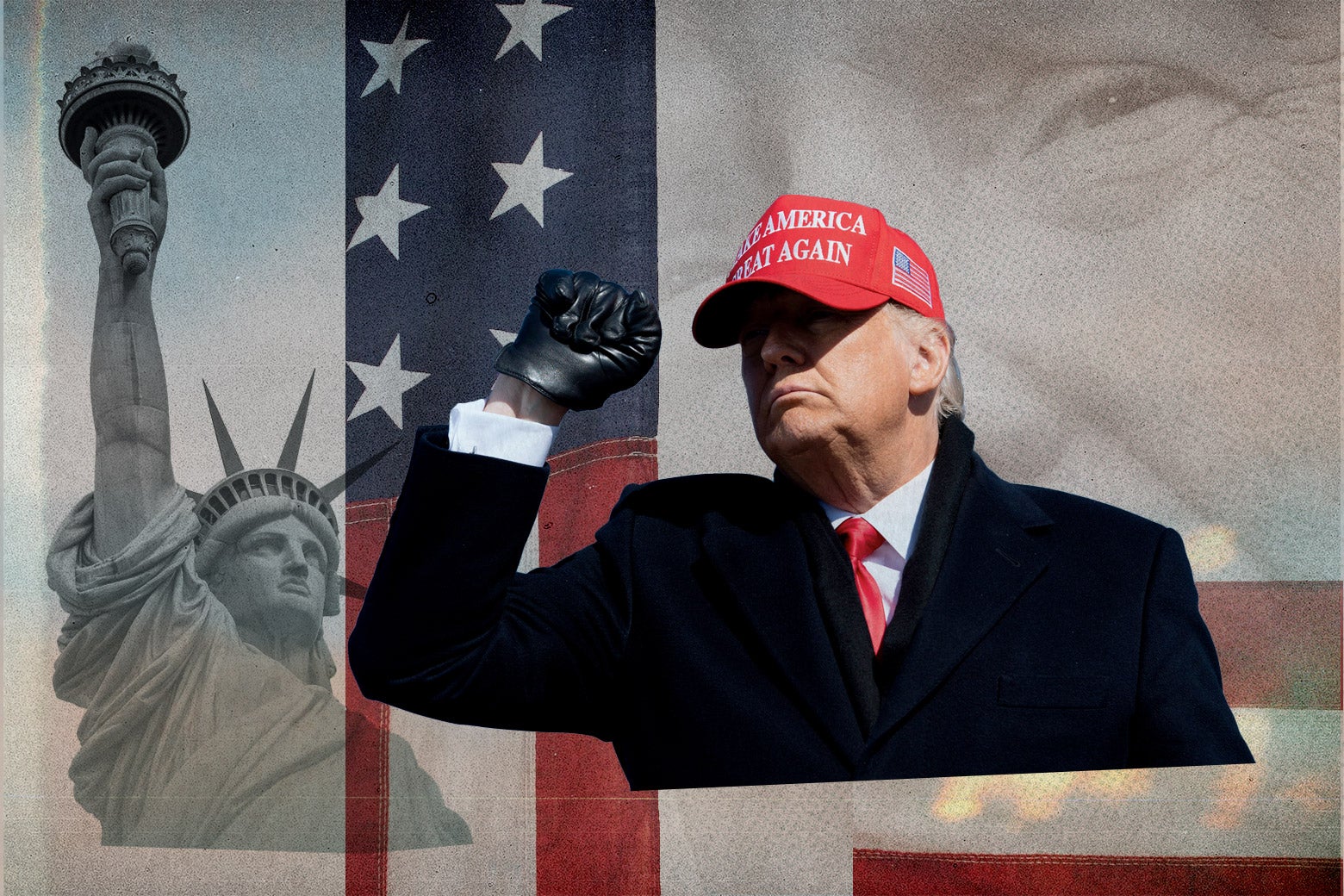 Trump, wearing a red MAGA hat, raises his right hand in a fist, over a background of the Statue of Liberty.