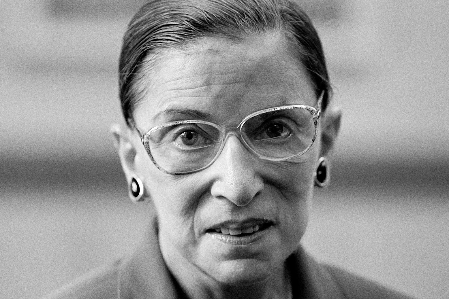 A black-and-white photo of Ruth Bader Ginsburg