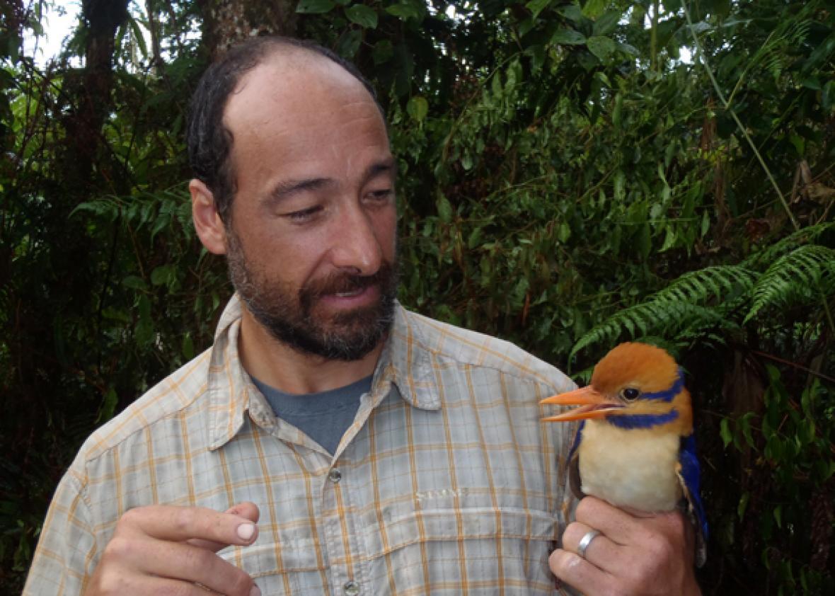 Firaldi holding a puppet, I mean mustached kingfisher.