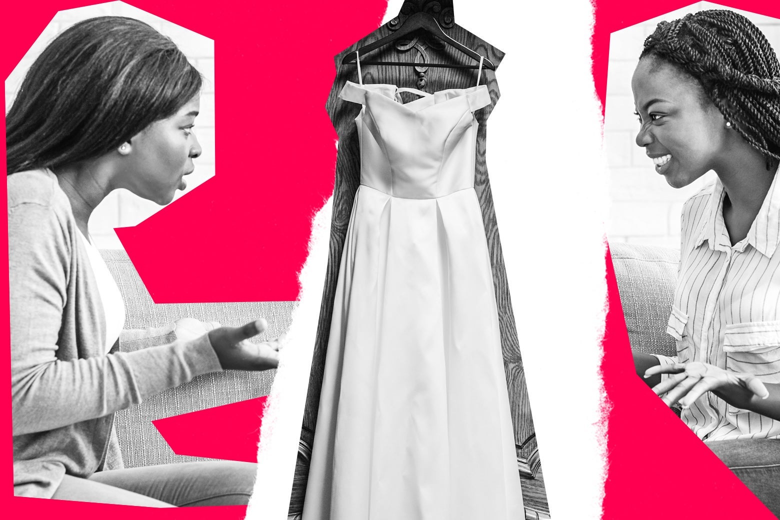 Collage of two women fighting over a wedding dress.