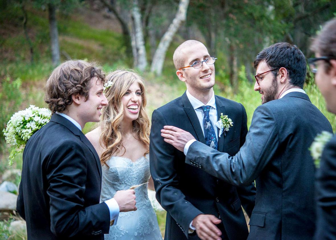 Shon Arieh-Lerer, Victoria Ritvo, Max Ritvo, and Andrew Kahn at Max and Victoria's wedding, August 1, 2015. 