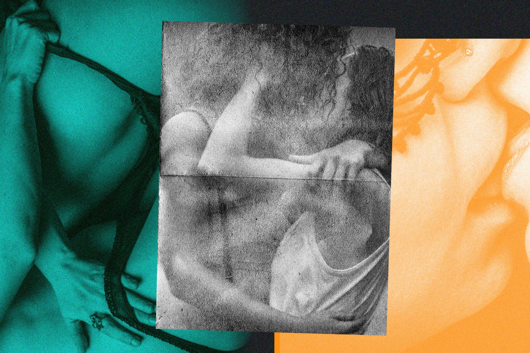 A collage of lesbians having sex, making love, and kissing and role-playing.
