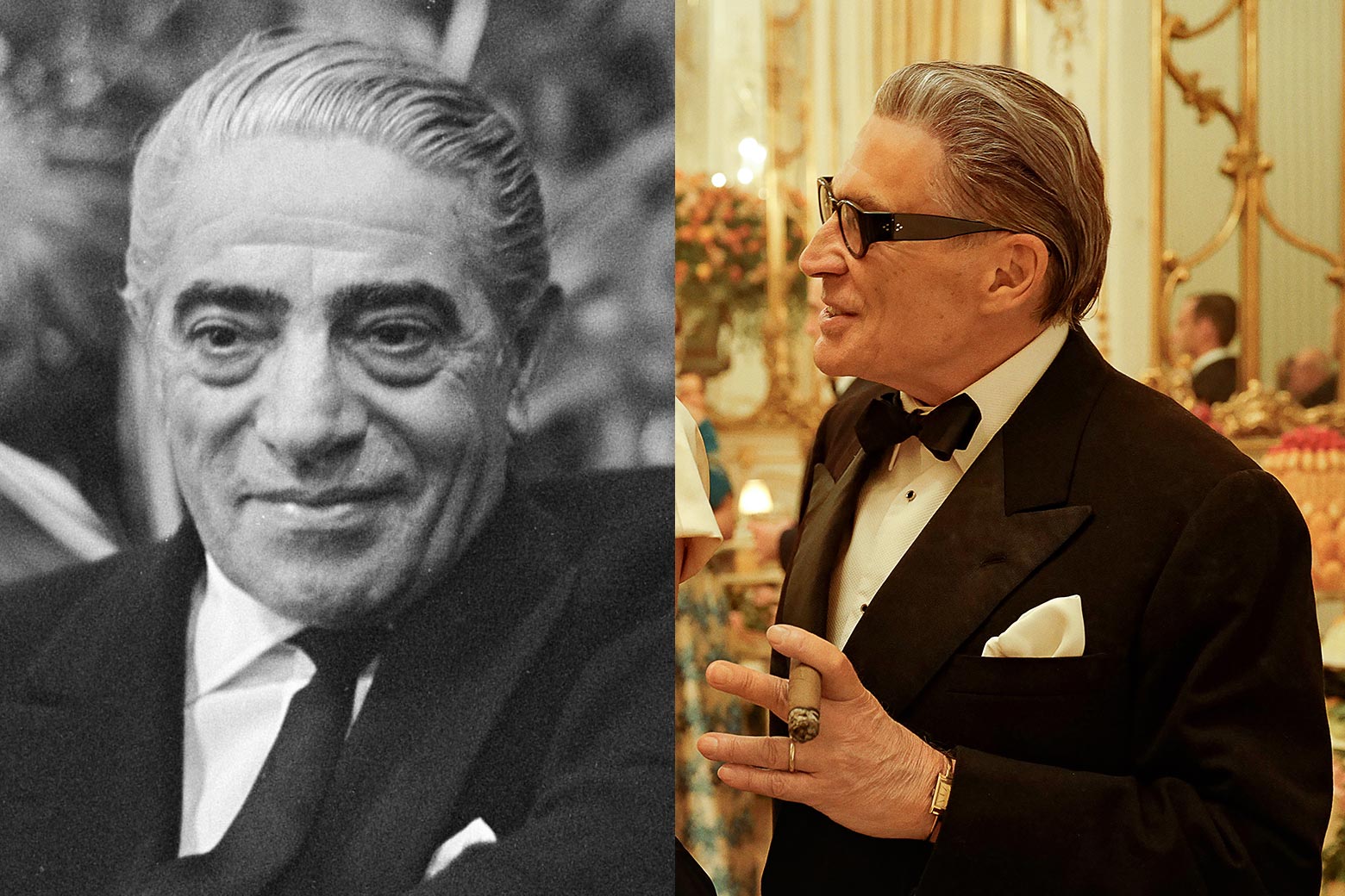 Side-by-side black-and-white image of a older man in a tuxedo and a movie-version of an older man in a tux at a party holding a cigar.