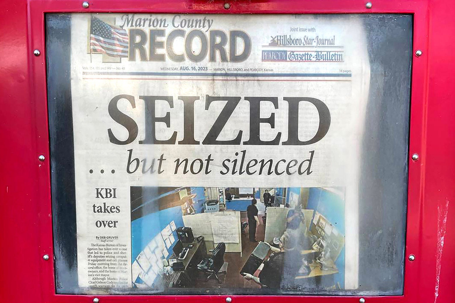The first edition of the Marion County Record on Aug. 16 after its newsroom in central Kansas was raided by police.
